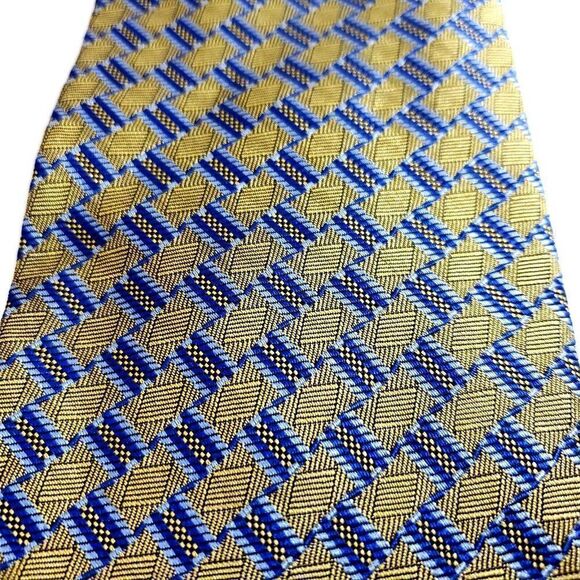Jos A Bank Blue Yellow Woven Geometric Long Silk Tie - Picture 2 of 6